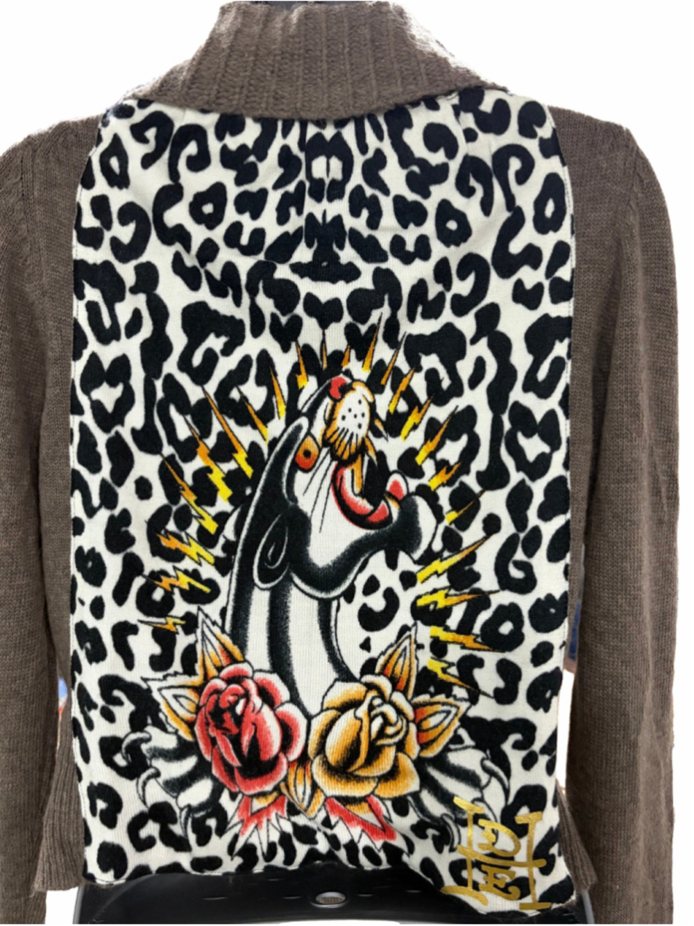 NWOT Ed Hardy Y2K Angora Cardigan Leopard Panther Roses Tie Waist Shawl Large